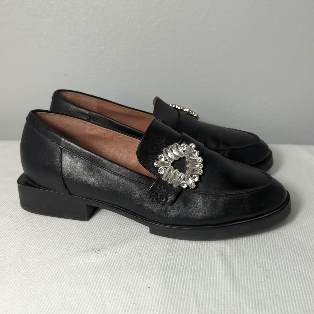 Gianni Bini Women's Size 9 1/2 M Rhinestone Black Leather‎ Square Heel Loafers